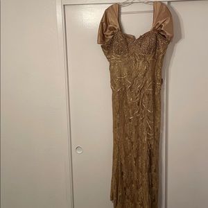 Beautiful gold dress with lace and sparkly detail.